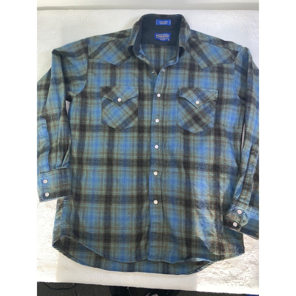 Pendleton Canyon Shirt Mens M Blue Brown Plaid Wool Western Pearl Snap Flannel